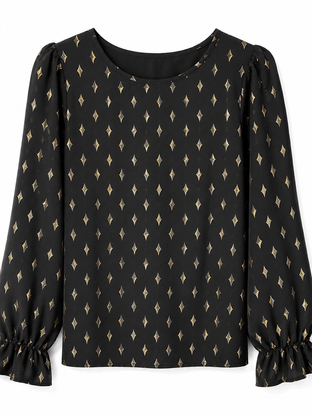 Black Blouse with Gold Diamond Print - Women's Long Sleeve Top